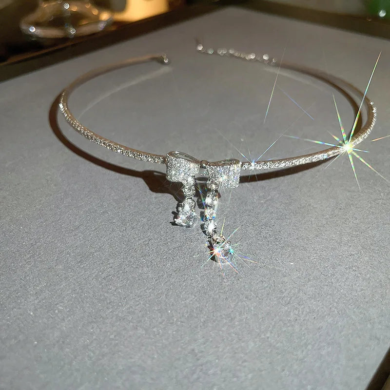 Rhinestone Bowknot Tassel Pendant Choker Necklaces Women Girl Jewelry