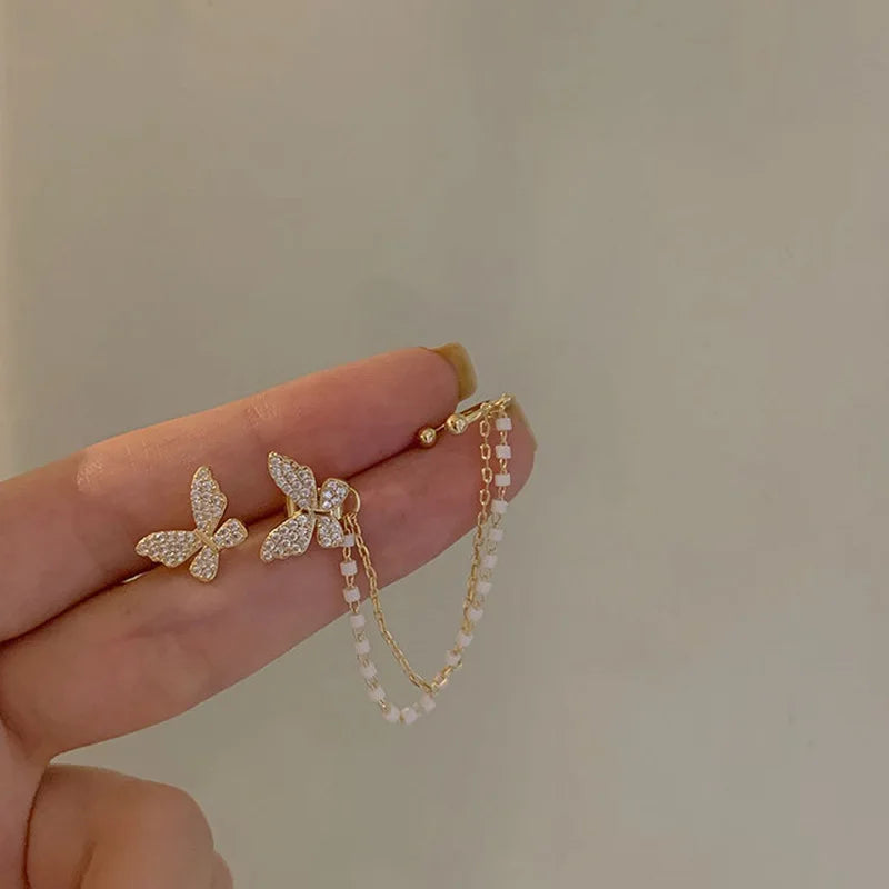 Zircon Butterfly Tassel Ear Cuff Earrings