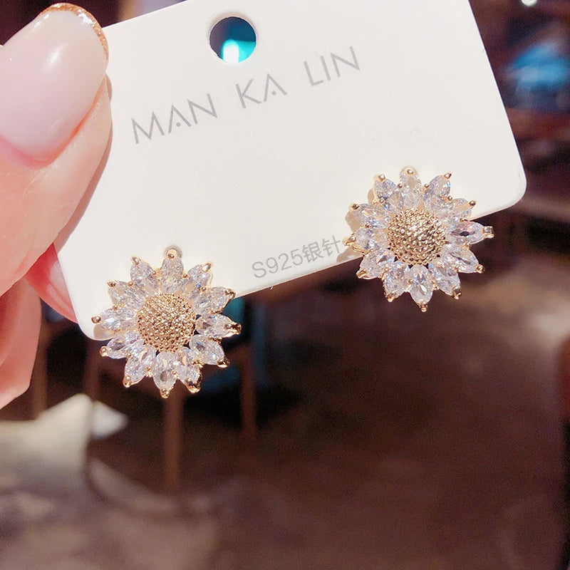 Zircon Sunflower Stud Earrings 14K Plated Goth Jewelry Wedding Party Girl's