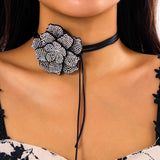 Rhinestone Flower Choker Necklace Charms Lace up Chains Collar
