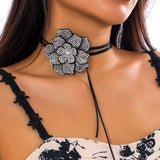 Rhinestone Flower Choker Necklace Charms Lace up Chains Collar