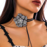 Rhinestone Flower Choker Necklace Charms Lace up Chains Collar
