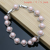 Silver 925 Pink Pearl Jewelry Set for Women: Bracelet Earrings Ring Necklace