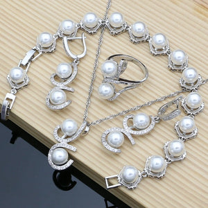 Silver 925 Pink Pearl Jewelry Set for Women: Bracelet Earrings Ring Necklace