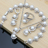 Silver 925 Pink Pearl Jewelry Set for Women: Bracelet Earrings Ring Necklace