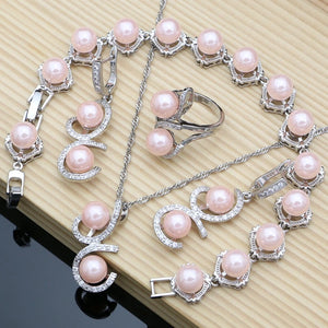 Silver 925 Pink Pearl Jewelry Set for Women: Bracelet Earrings Ring Necklace