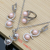 Silver 925 Pink Pearl Jewelry Set for Women: Bracelet Earrings Ring Necklace