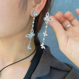 Silver Butterfly Tassel Earrings & Zircon Wedding Band Set