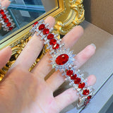 Inlaid Synthetic Ruby Silver Bracelet 18+3cm Chain