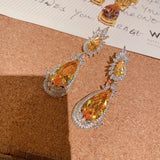Silver Bridal Wedding Earring Bling Yellow Zircon Stone Drop Earrings