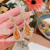 Silver Bridal Wedding Earring Bling Yellow Zircon Stone Drop Earrings