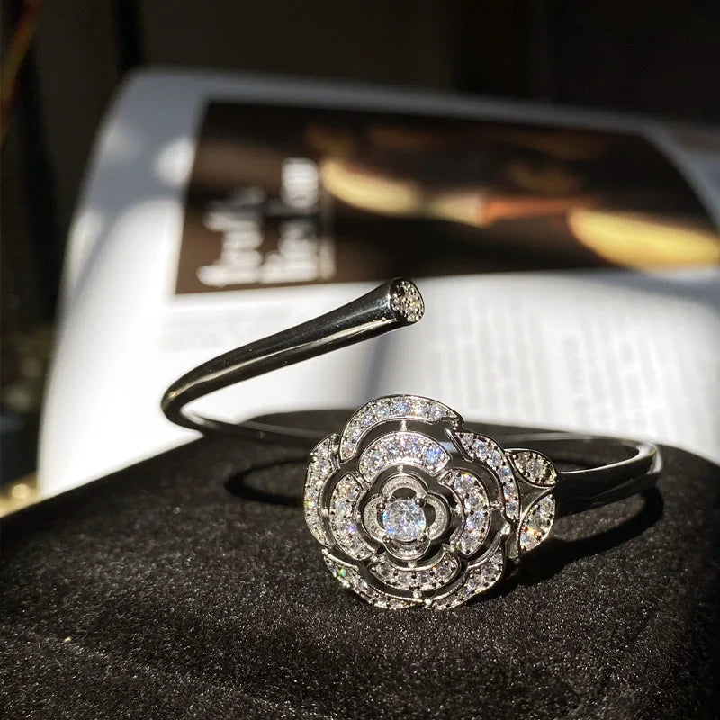 Zircon Stone Flower Cuff Bracelet for Women