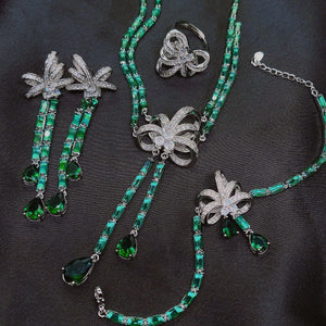 Silver Green CZ Bowknot Jewelry Set For Lady
