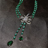 Silver Green CZ Bowknot Jewelry Set For Lady