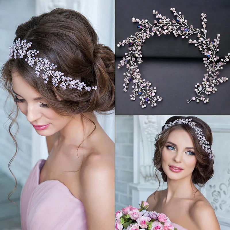 Silver Pink Rhinestone Pearl Headband Bridal Hairbands