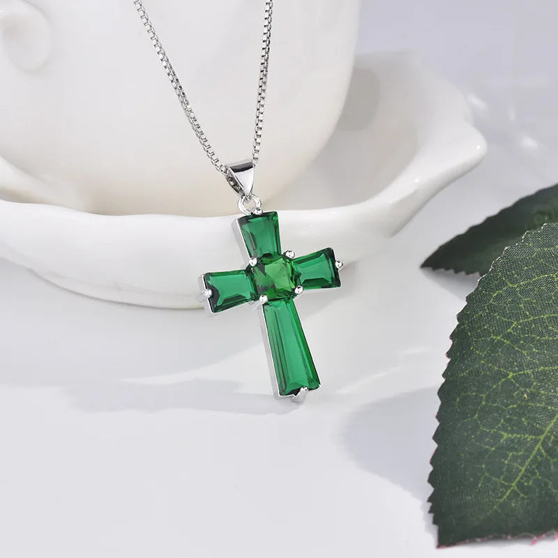 Zircon Cross Emerald Pendant Necklace Charm Party Jewelry Gift