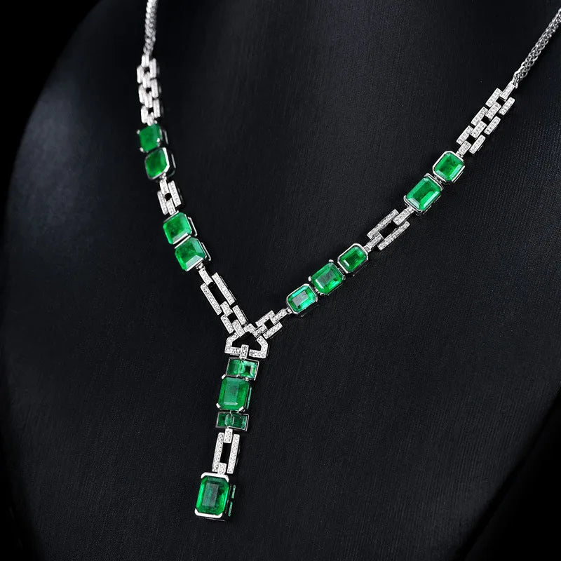 Silver Square Necklace with Emerald And Zircon