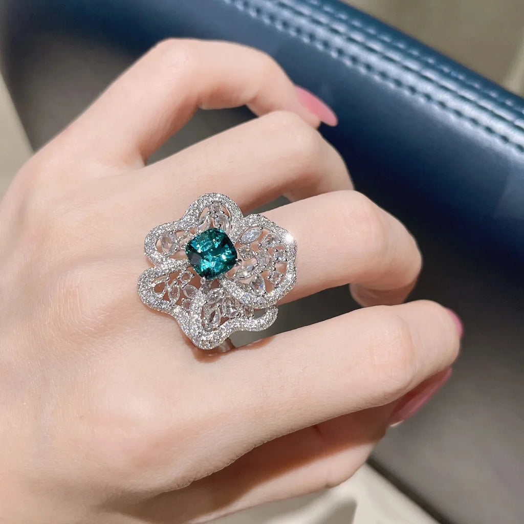 Silver Temperament Flower Wedding Band Rings Vintage Zirconia Open Ring Jewelry