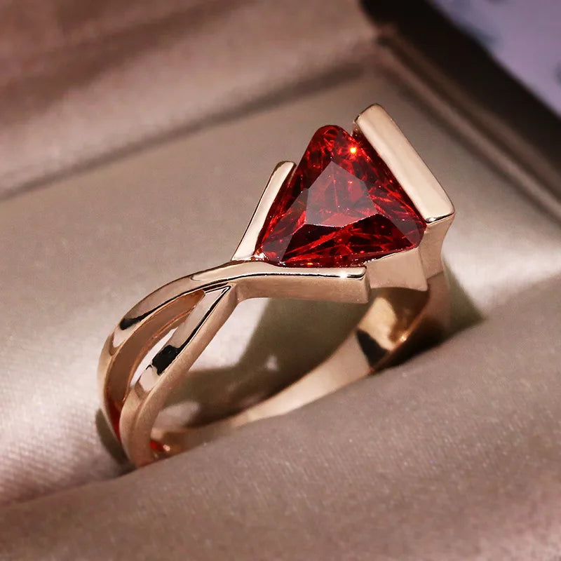 Geometric Crystal Red Champagne Stone Ring for Women