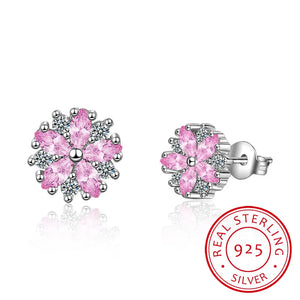 Pink CZ Flower Stud Earrings for Women Girls Kpop Crystal Earring