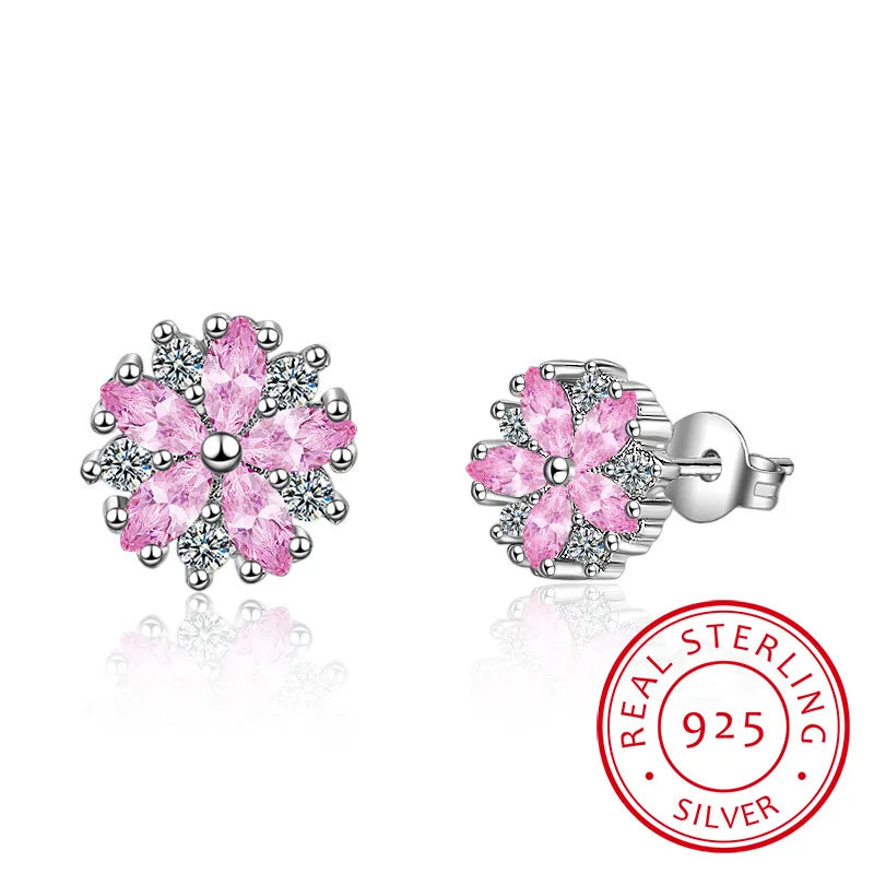 Pink CZ Flower Stud Earrings for Women Girls Kpop Crystal Earring