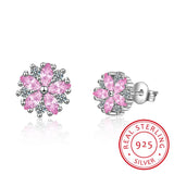 Pink CZ Flower Stud Earrings for Women Girls Kpop Crystal Earring