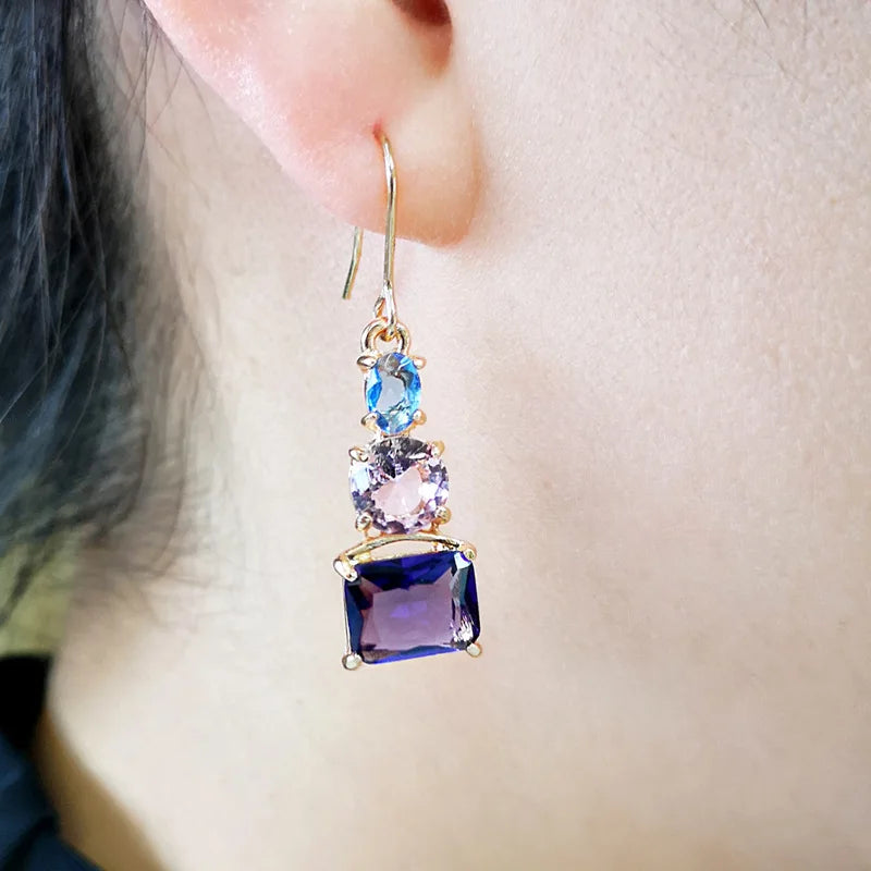 Pink Purple Zircon Drop Earrings Korean Style Long Engagement Wedding Ear