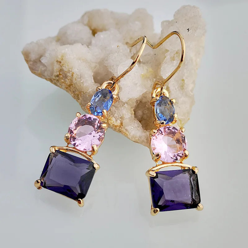 Pink Purple Zircon Drop Earrings Korean Style Long Engagement Wedding Ear