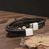Men's Stainless Steel Beaded Leather Bracelet 18.5/20.5/22cm Christmas Gift