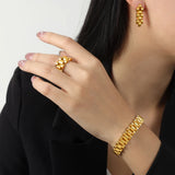 Stainless Steel Bracelet Ring Earrings Set for Women Chain Plated Jewelry