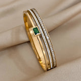 Stainless Steel Cuff Bracelet Green Rhinestone Bangle Gift