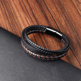 Stainless Steel Three Loop Bracelet Classic Multilayer Braided Leather