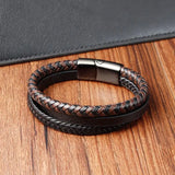 Stainless Steel Three Loop Bracelet Classic Multilayer Braided Leather