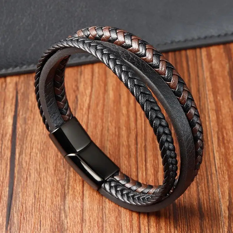 Stainless Steel Three Loop Bracelet Classic Multilayer Braided Leather