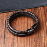 Stainless Steel Three Loop Bracelet Classic Multilayer Braided Leather