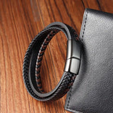 Stainless Steel Three Loop Bracelet Classic Multilayer Braided Leather