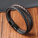 Stainless Steel Three Loop Bracelet Classic Multilayer Braided Leather