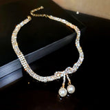 Rhinestone Tassel Pearl Choker Necklace for Women