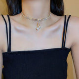 Rhinestone Tassel Pearl Choker Necklace for Women