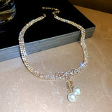 Rhinestone Tassel Pearl Choker Necklace for Women