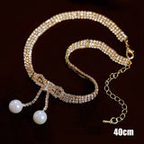 Rhinestone Tassel Pearl Choker Necklace for Women