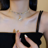 Rhinestone Tassel Pearl Choker Necklace for Women