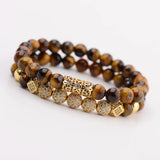 Tiger Eye Stone Men Bracelet Classic Zircon CZ Ball Beaded Bracelets Set