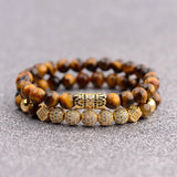 Tiger Eye Stone Men Bracelet Classic Zircon CZ Ball Beaded Bracelets Set