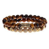 Tiger Eye Stone Men Bracelet Classic Zircon CZ Ball Beaded Bracelets Set