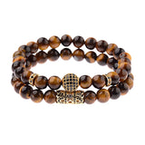 Tiger Eye Stone Men Bracelet Classic Zircon CZ Ball Beaded Bracelets Set