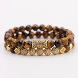 Tiger Eye Stone Men Bracelet Classic Zircon CZ Ball Beaded Bracelets Set