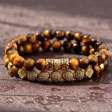 Tiger Eye Stone Men Bracelet Classic Zircon CZ Ball Beaded Bracelets Set