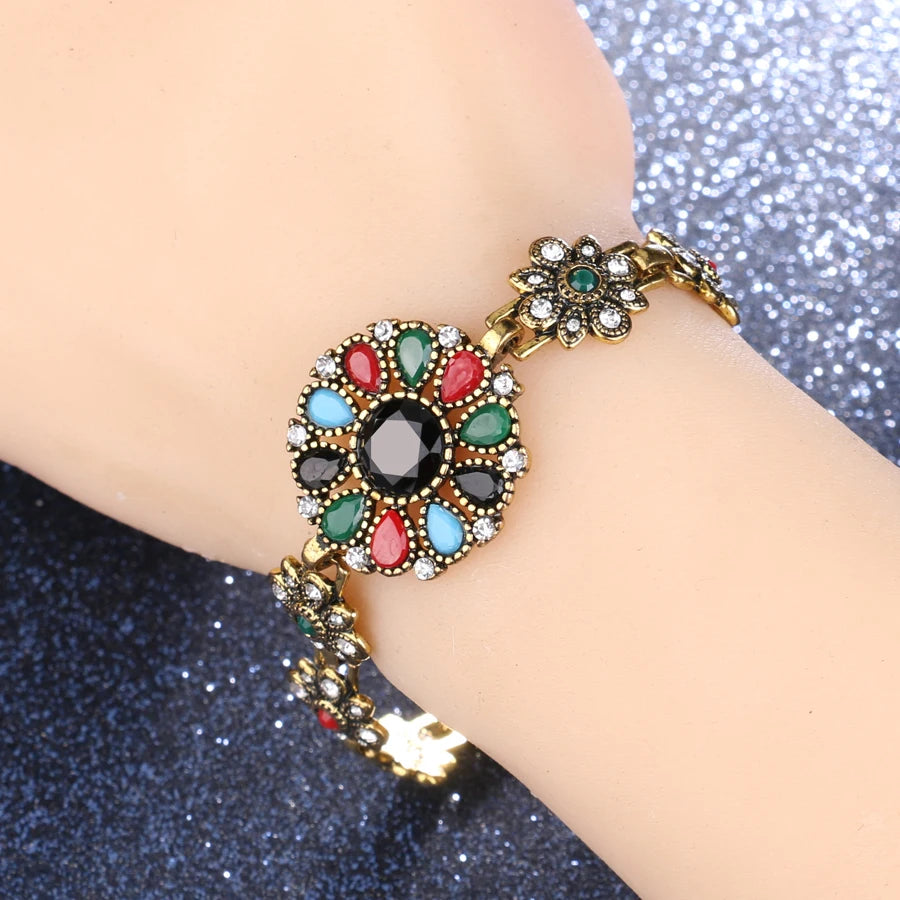 Turkish Sunflower Crystal Bracelet Antique Resin Boho Jewelry