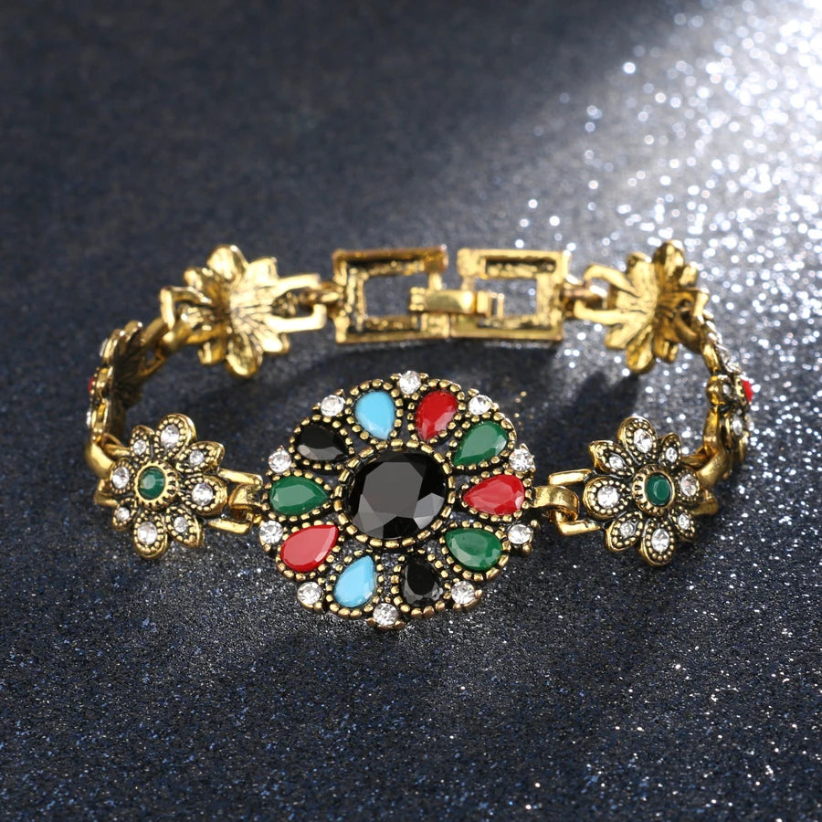 Turkish Sunflower Crystal Bracelet Antique Resin Boho Jewelry